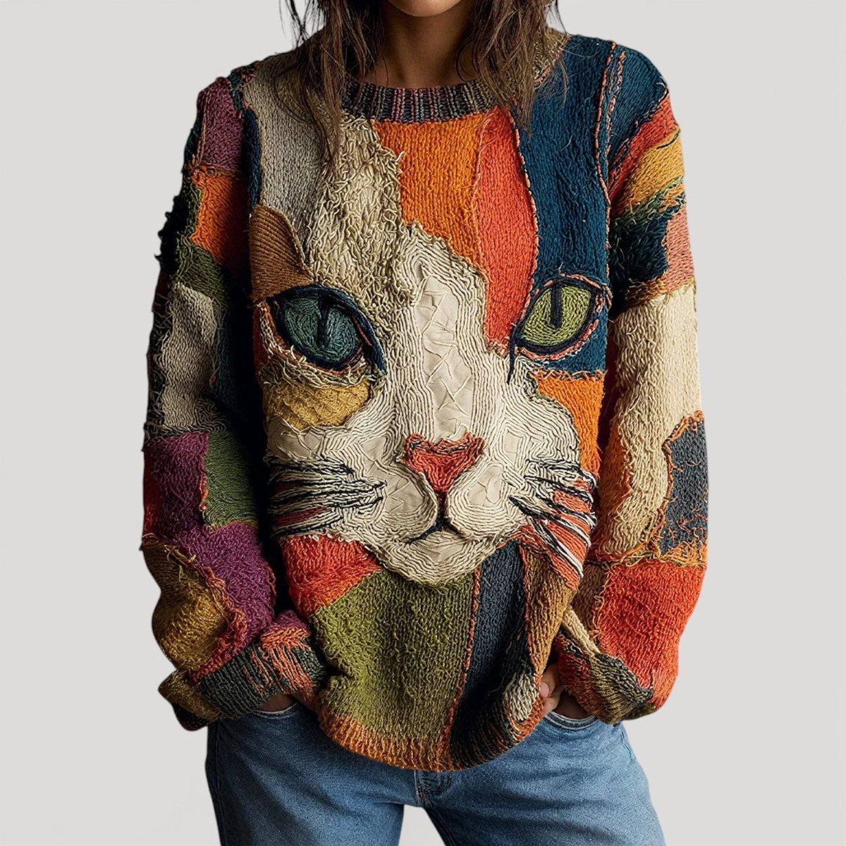 Women’s Relaxed Fit Cat Graphic Crew Neck Knitted Jumper Multicolour