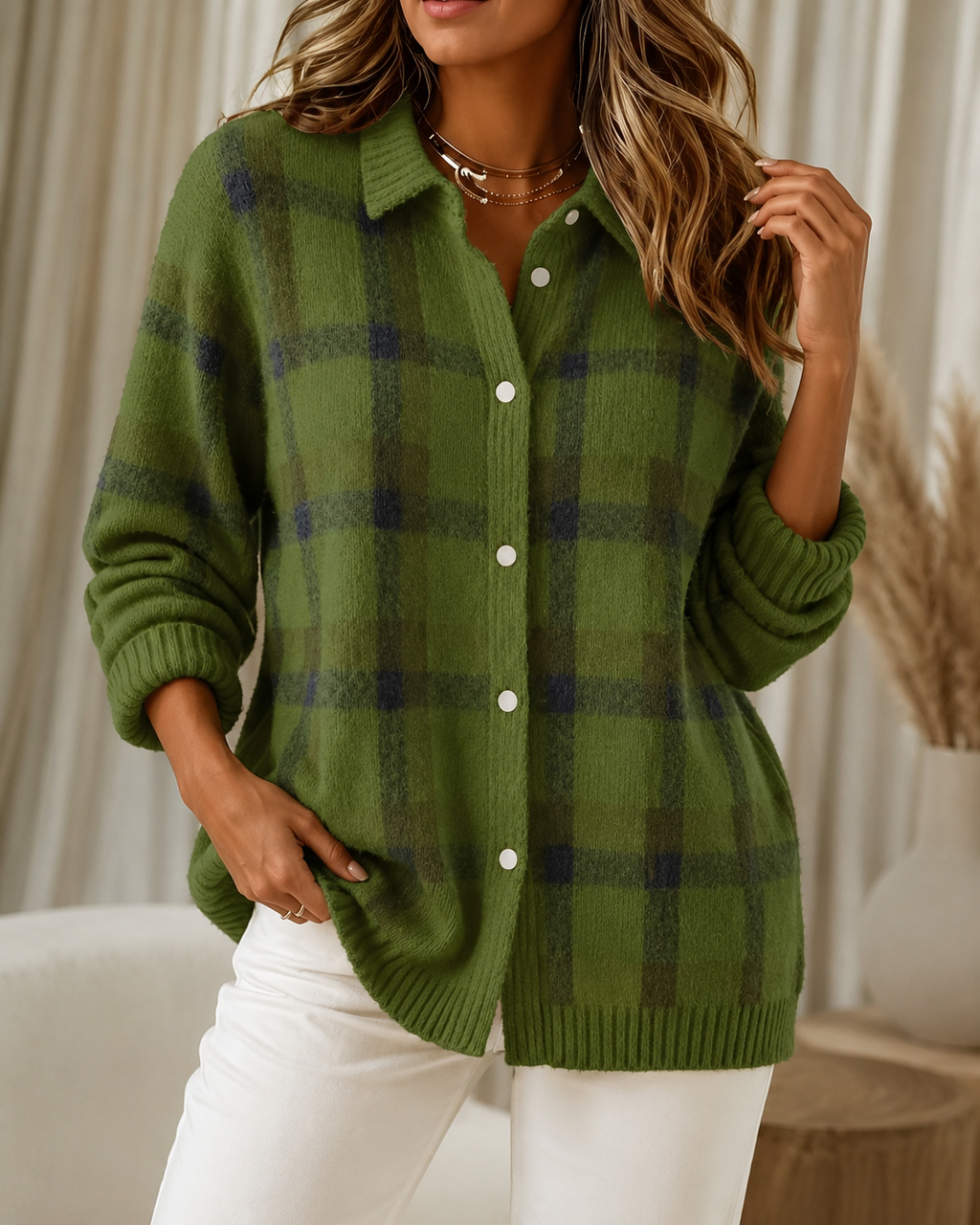Women’s Checked Knitted Cardigan Green