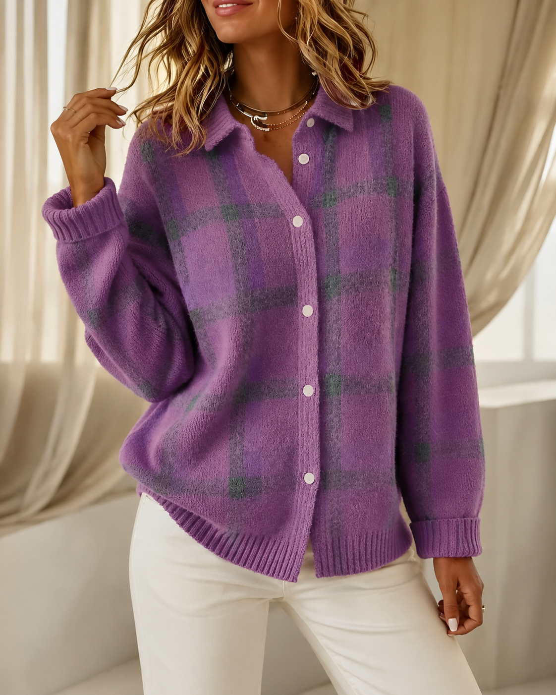 Women’s Checked Knitted Cardigan Purple