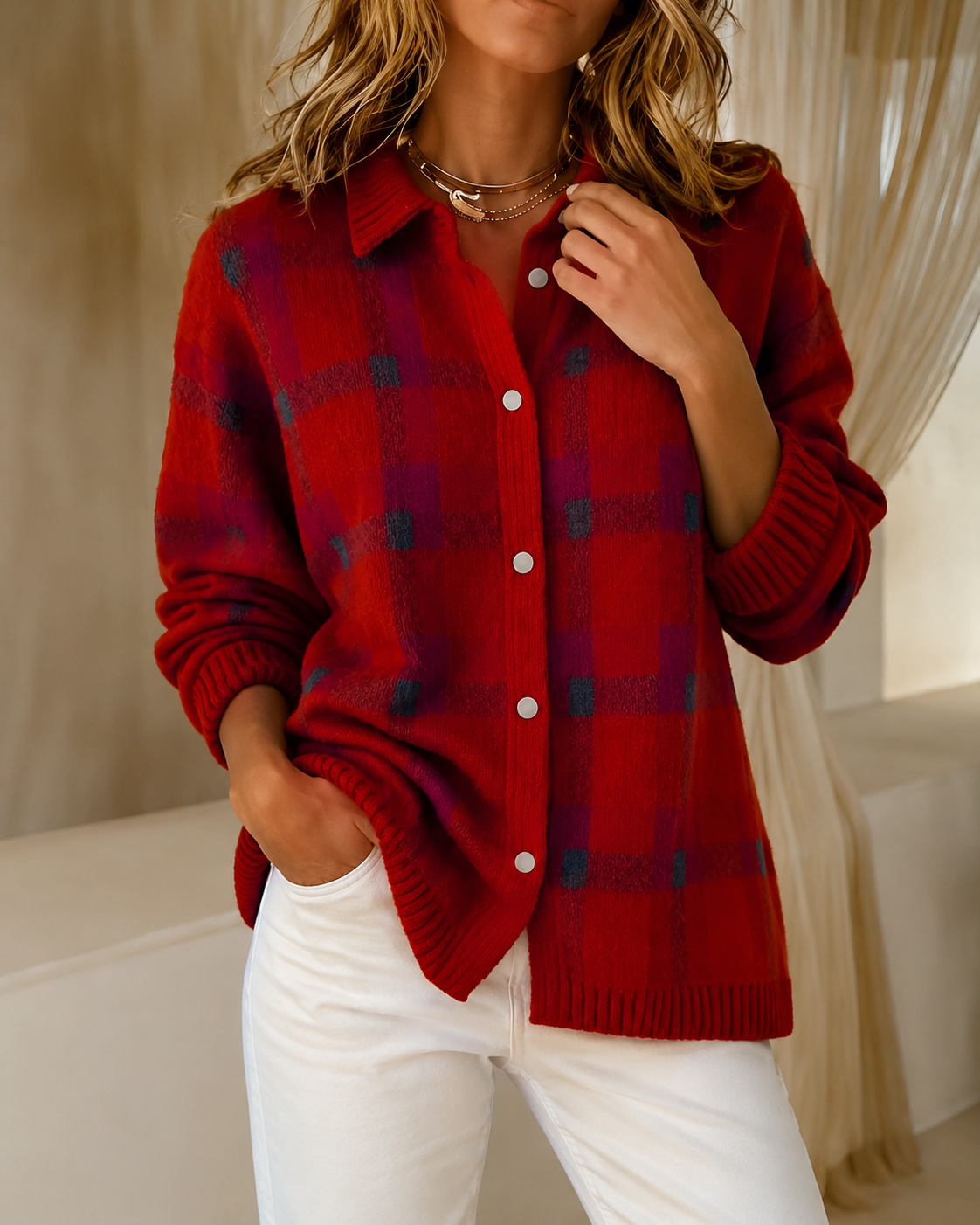 Women’s Checked Knitted Cardigan Red