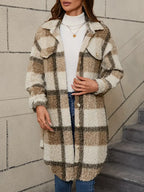 Women’s Comfortable Checked Teddy Jacket Camel