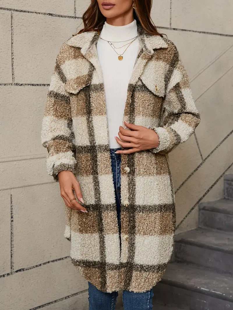 Women’s Comfortable Checked Teddy Jacket Camel