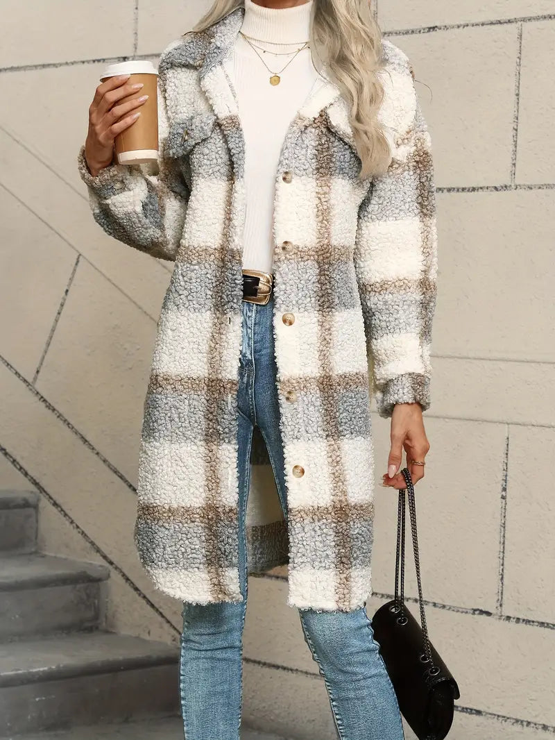 Women’s Comfortable Checked Teddy Jacket Grey