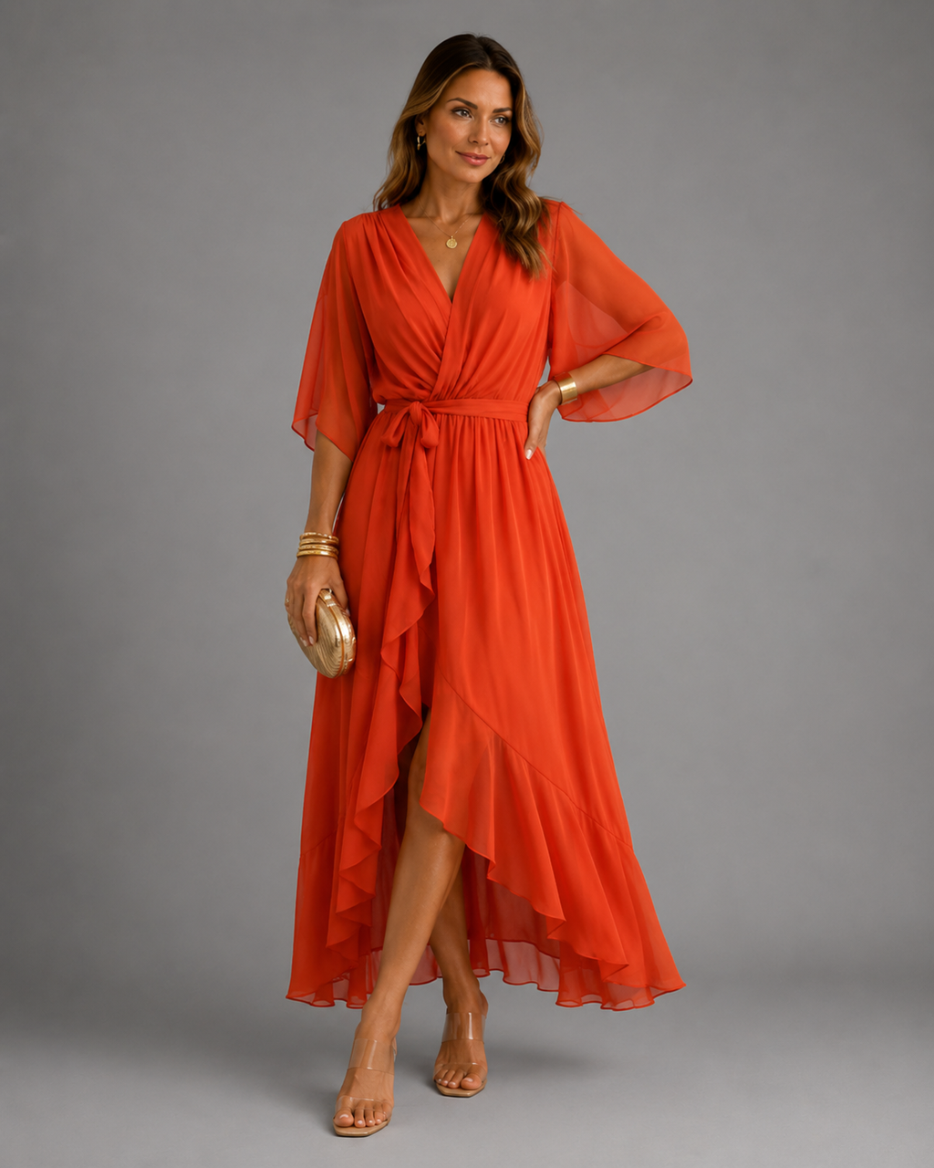 Women’s Tummy-Flattering Chiffon Maxi Dress Orange Red