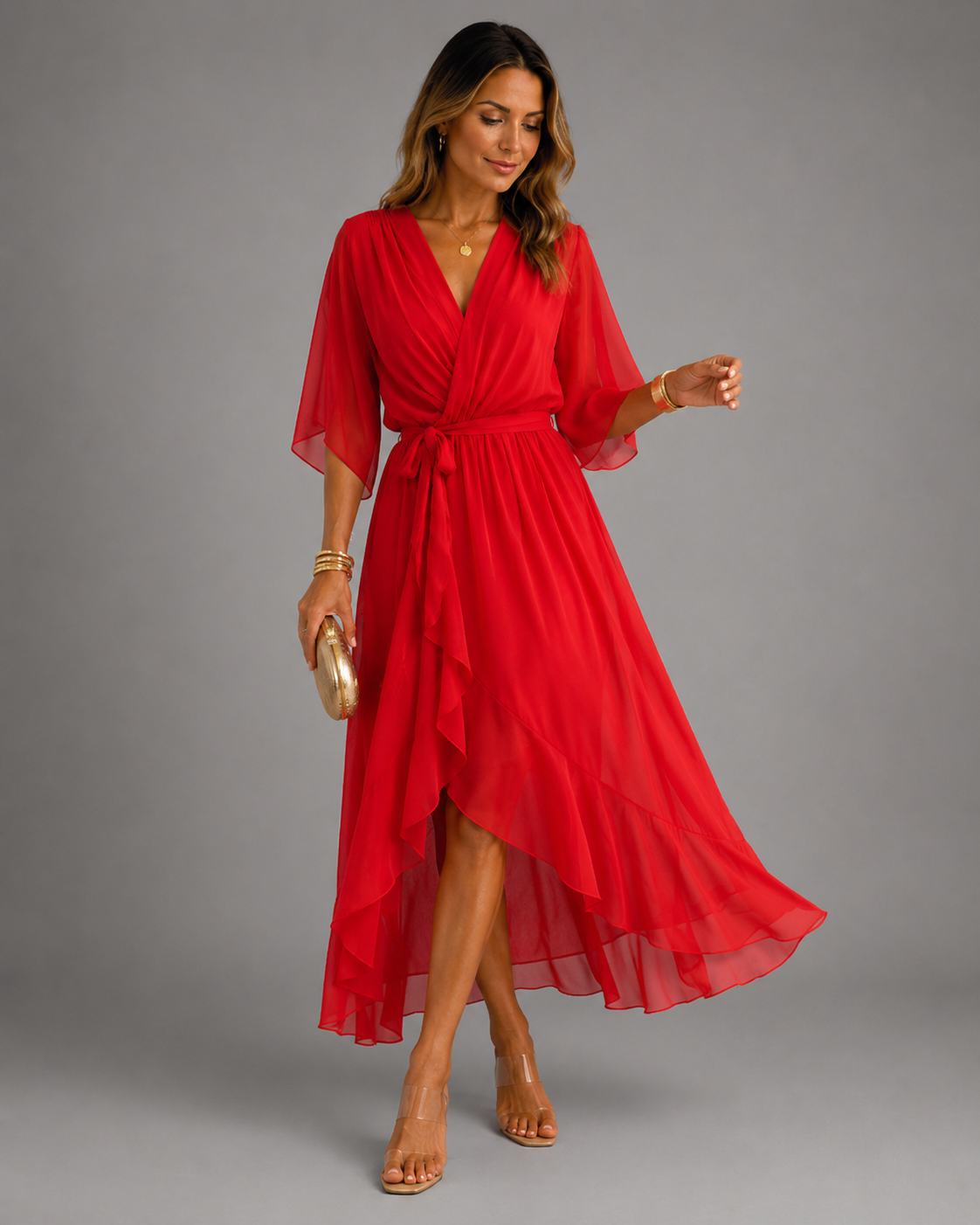 Women’s Tummy-Flattering Chiffon Maxi Dress Red