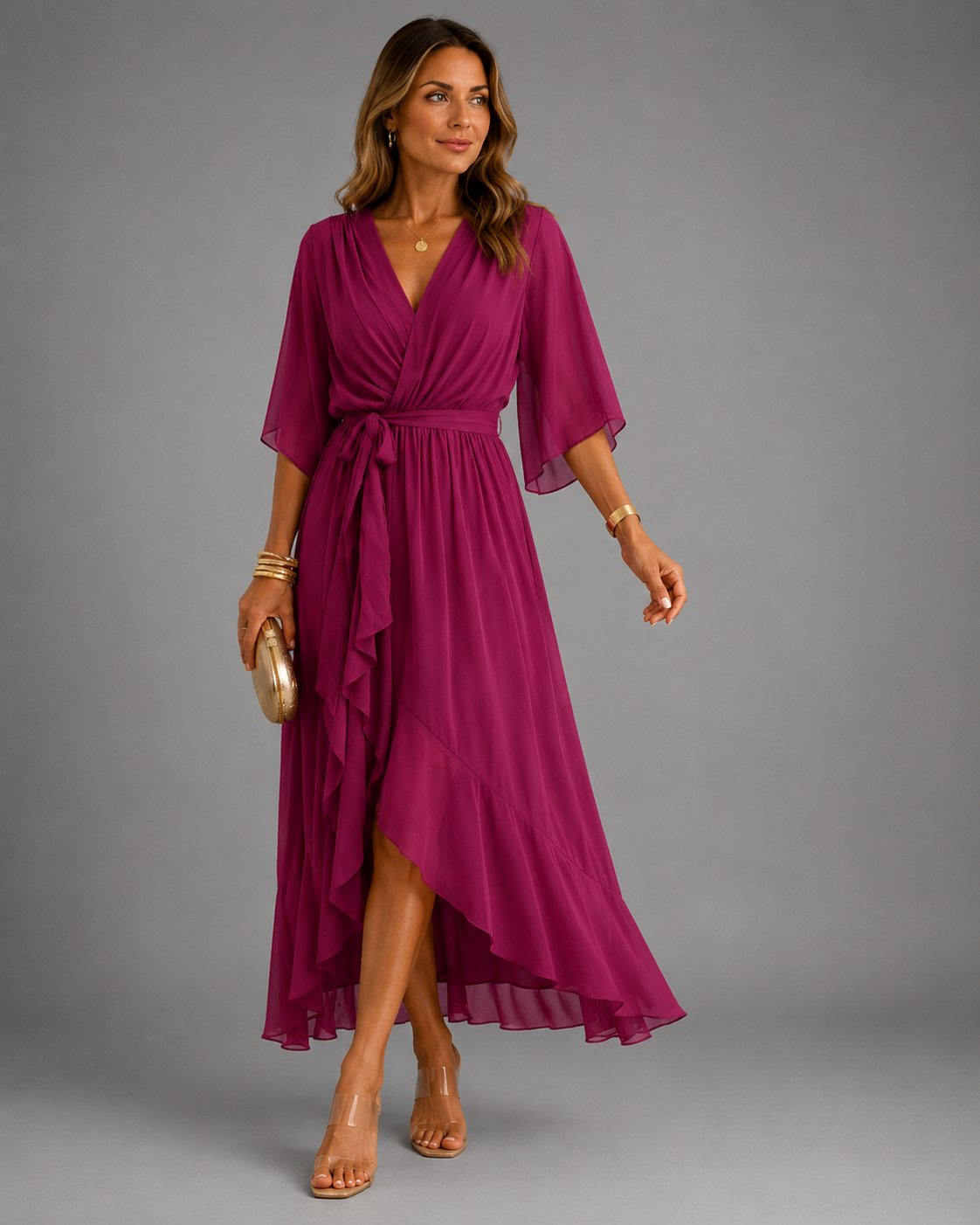Women’s Tummy-Flattering Chiffon Maxi Dress Red Purple