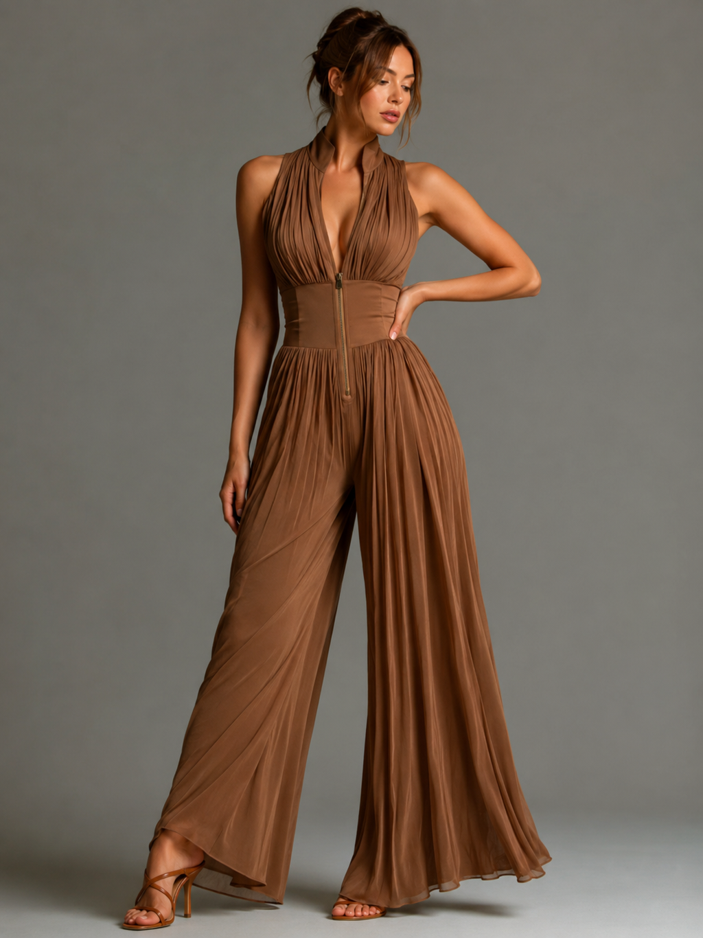 Women’s Elegant Wide-Leg Jumpsuit Coffee