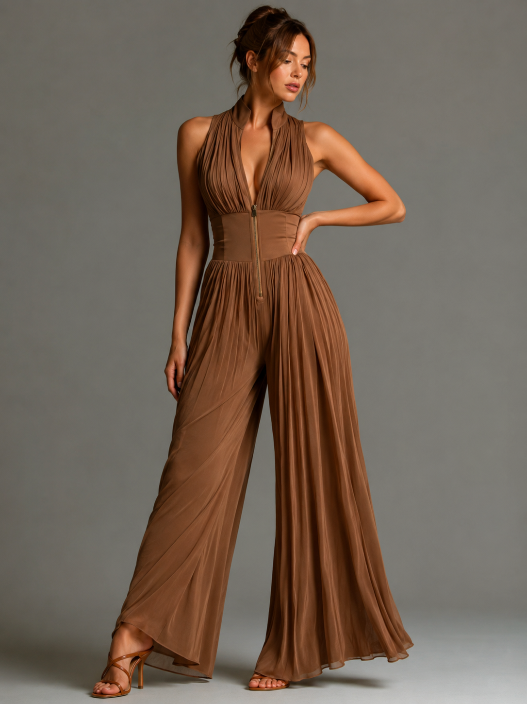 Women’s Elegant Wide-Leg Jumpsuit Coffee