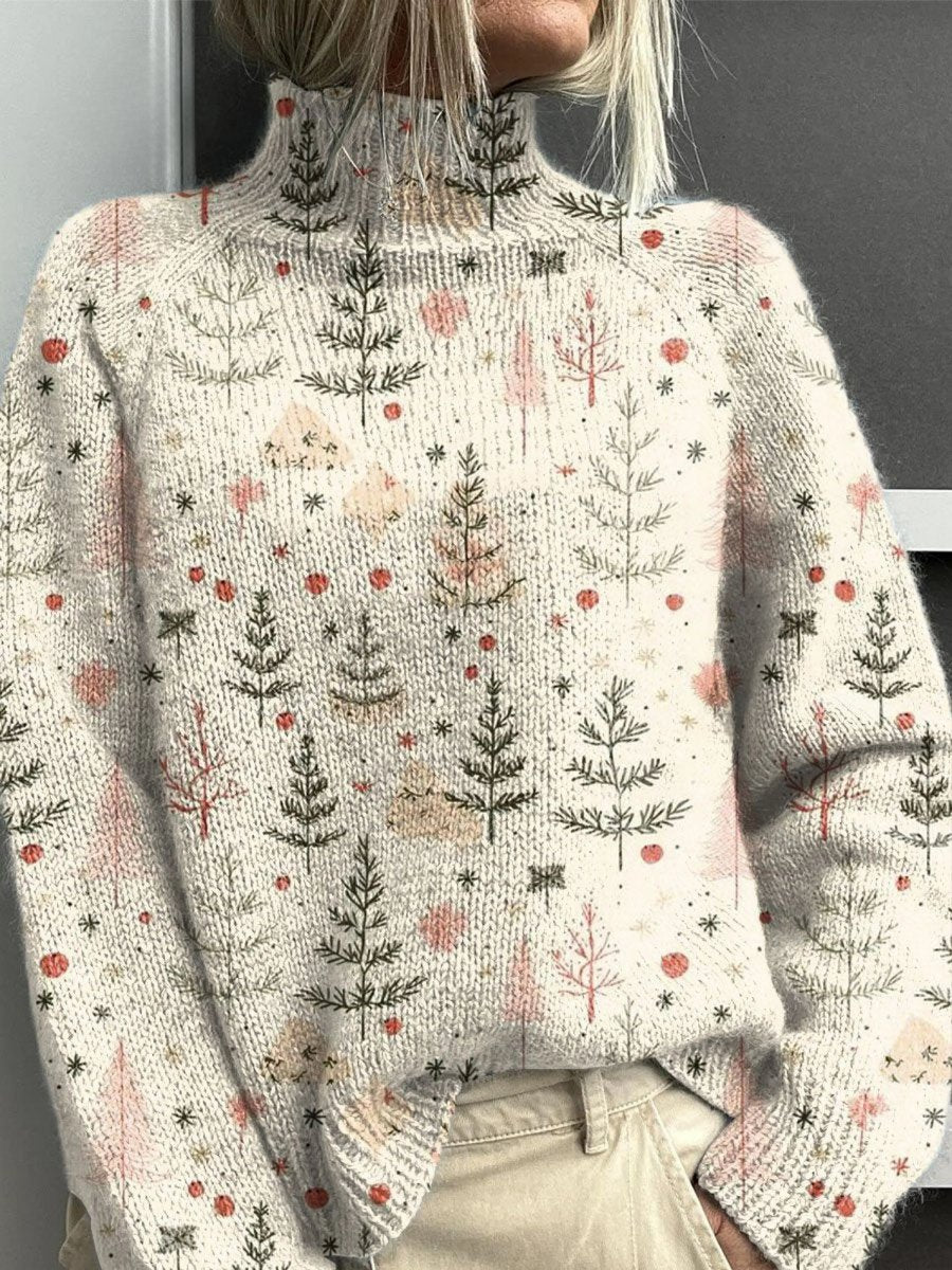Women’s Christmas Tree Print Relaxed Fit Turtleneck Jumper Multicolour