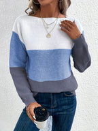 Women’s Relaxed Fit Colour-Block Crew Neck Knitted Jumper Blue