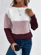 Women’s Relaxed Fit Colour-Block Crew Neck Knitted Jumper Burgundy