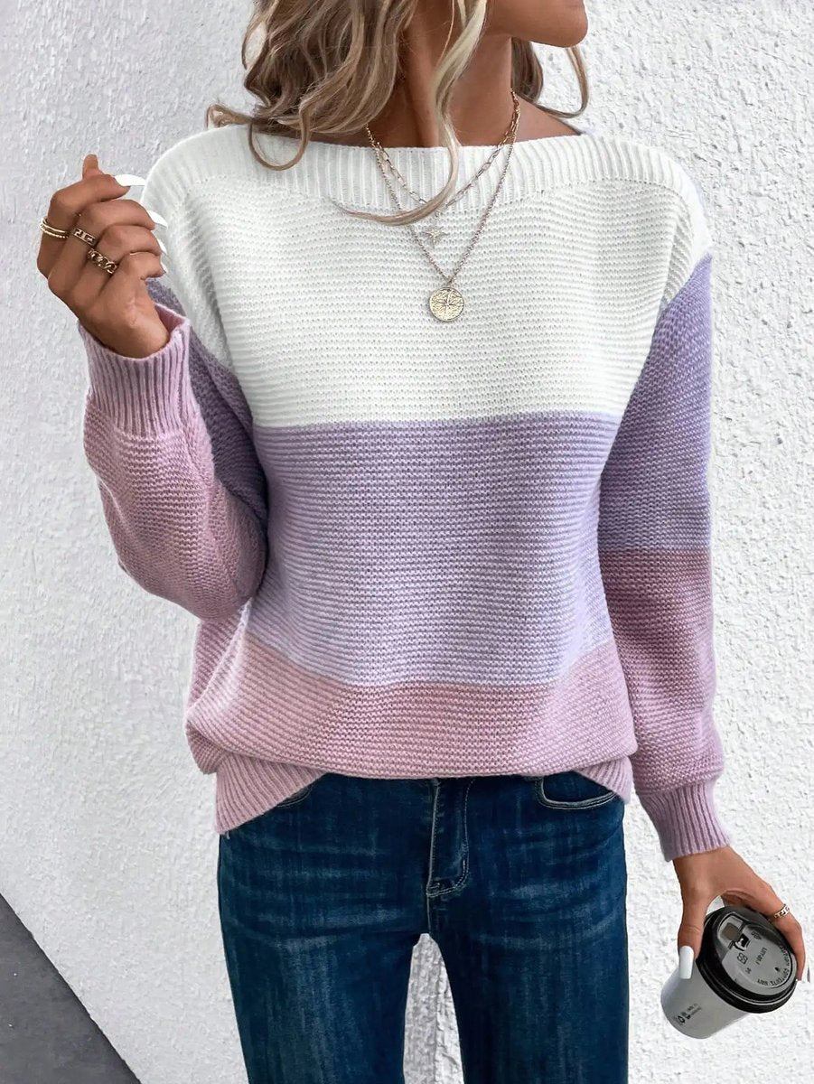 Women’s Relaxed Fit Colour-Block Crew Neck Knitted Jumper Purple