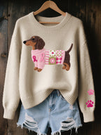 Women’s Dachshund Patchwork Crew Neck Knitted Jumper Beige