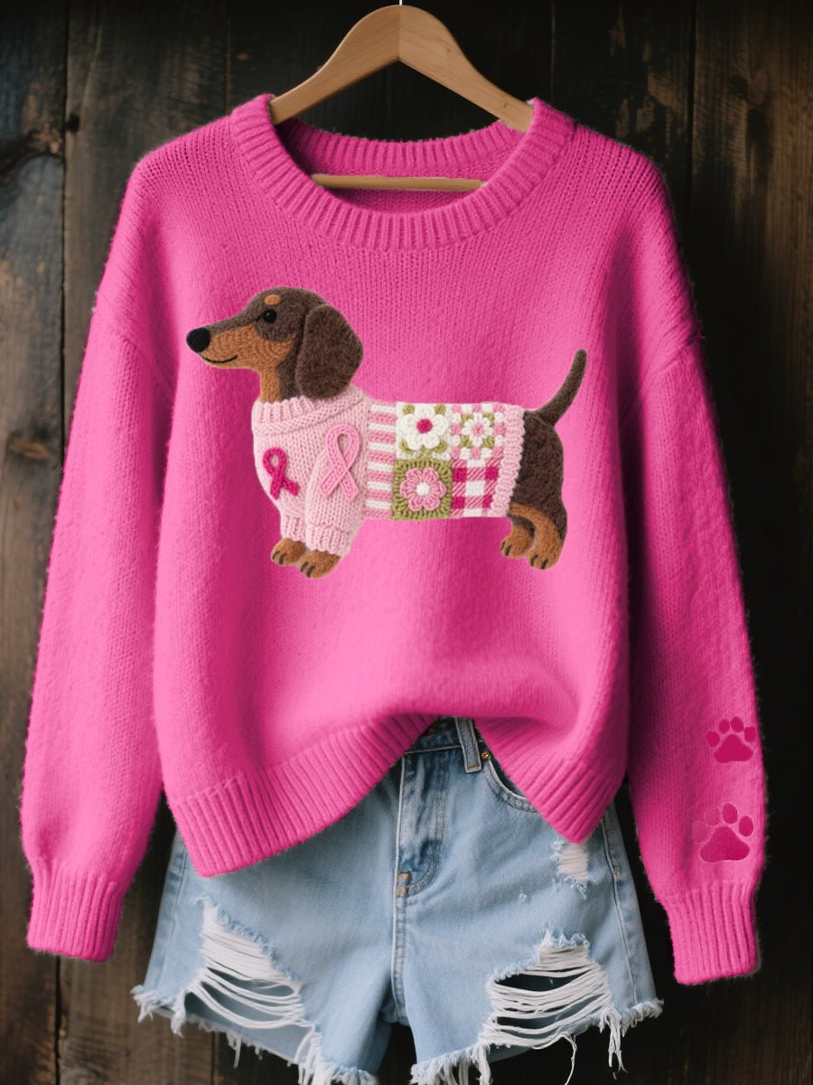 Women’s Dachshund Patchwork Crew Neck Knitted Jumper Dark Pink
