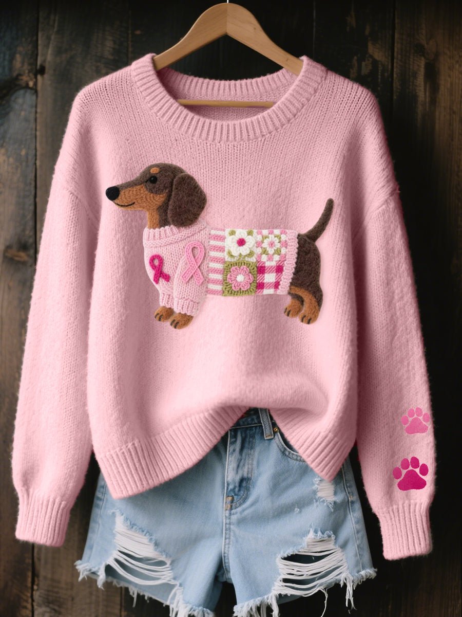 Women’s Dachshund Patchwork Crew Neck Knitted Jumper Pink