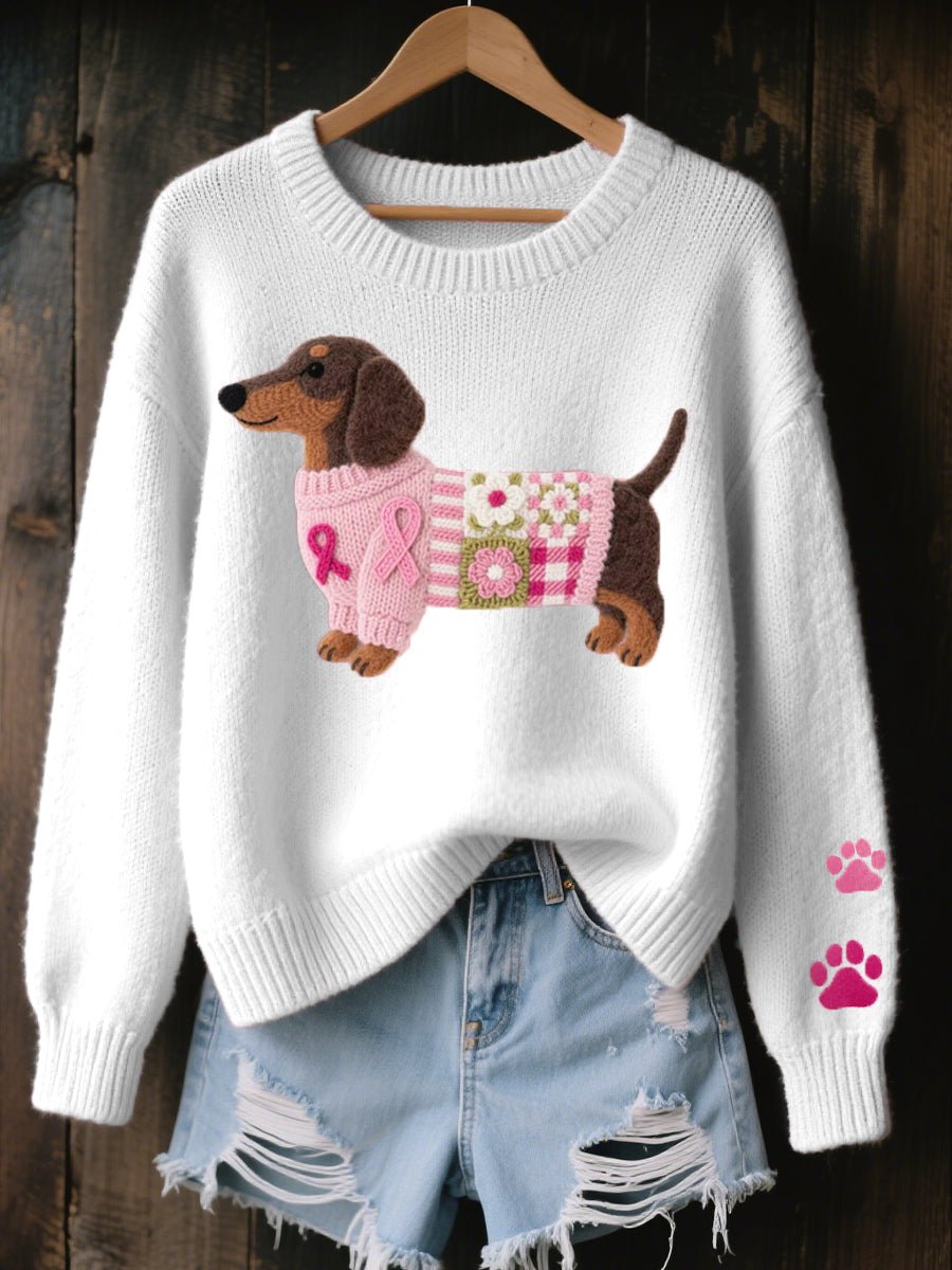 Women’s Dachshund Patchwork Crew Neck Knitted Jumper White
