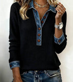 Women’s Comfortable Denim-Look Jumper Black Button Placket