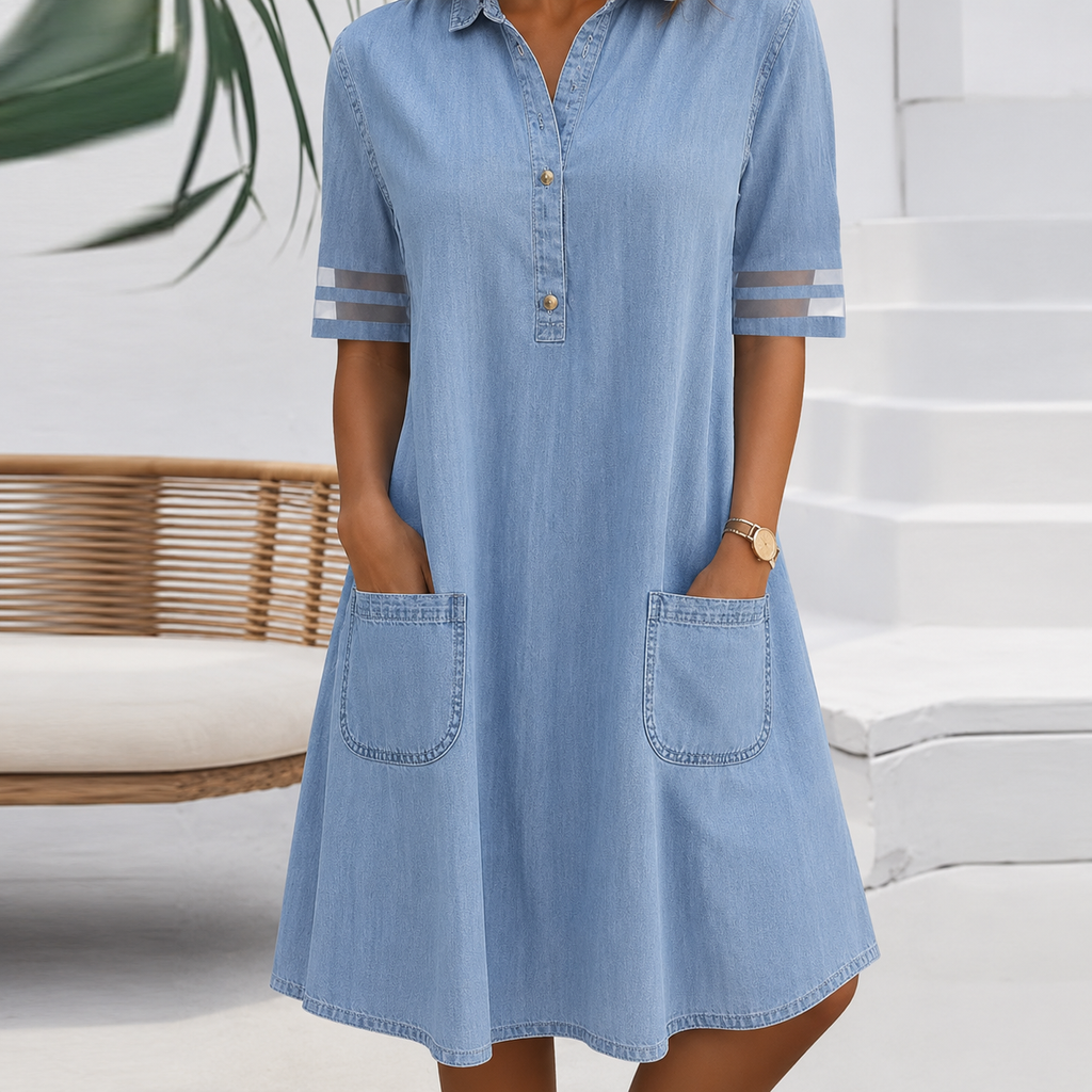 Women’s Tummy-Flattering Denim-Look Shirt Dress Blue