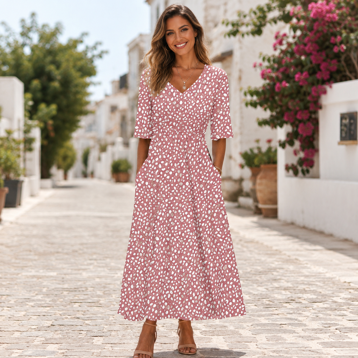 Women’s Tummy-Flattering Midi Dress with Draped Fit