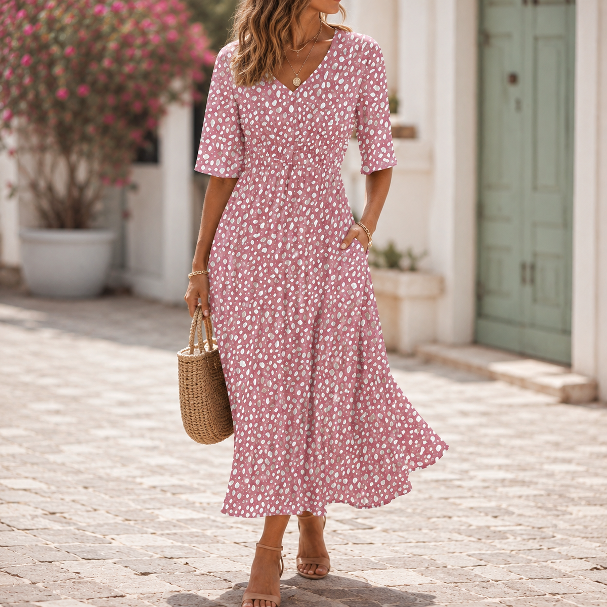 Women’s Tummy-Flattering Midi Dress with Draped Fit Pink