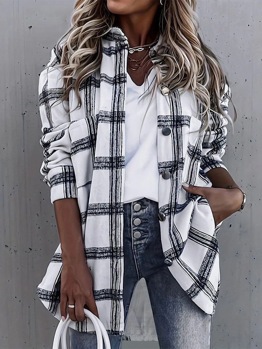 Women’s Oversized Plaid Shirt Jacket with Pockets White