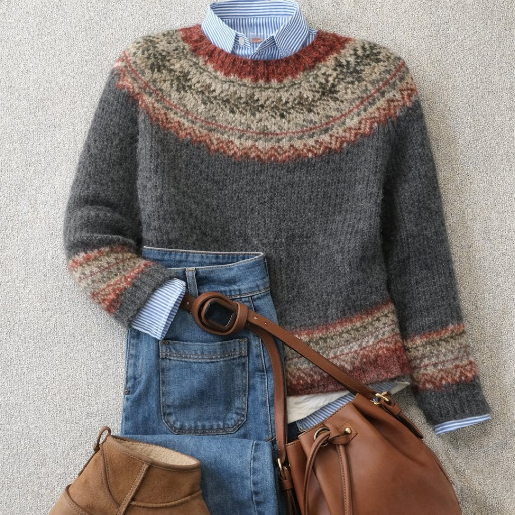Women’s Relaxed Fit Fair Isle Nordic Knit Crew Neck Jumper Grey
