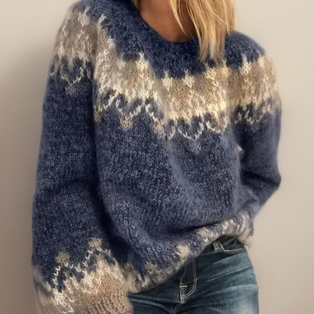 Women’s Fair Isle Jacquard Knitted Jumper with Crew Neck Blue