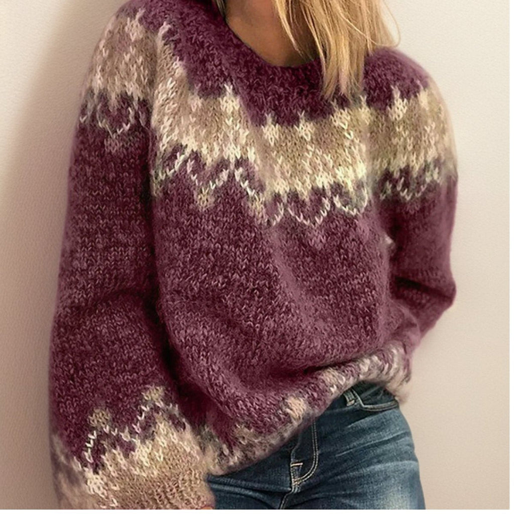 Women’s Fair Isle Jacquard Knitted Jumper with Crew Neck Red