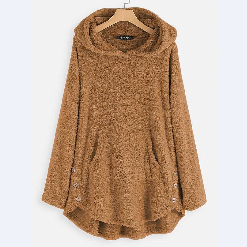 Women’s Fleece Zip-Up Hooded Jumper with Cat Pocket Beige