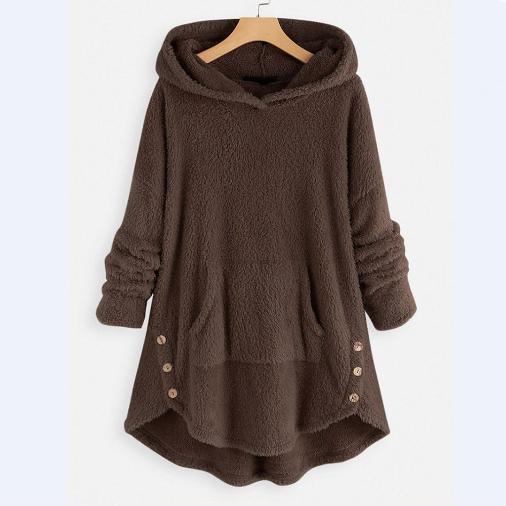 Women’s Fleece Zip-Up Hooded Jumper with Cat Pocket Brown