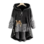 Women’s Fleece Zip-Up Hooded Jumper with Cat Pocket Dark Grey