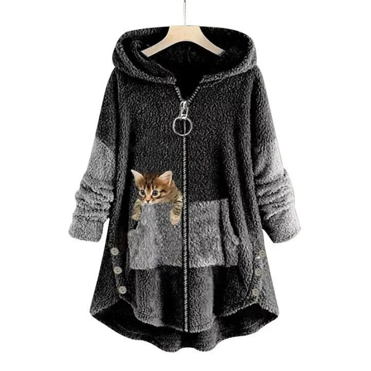 Women’s Fleece Zip-Up Hooded Jumper with Cat Pocket Dark Grey