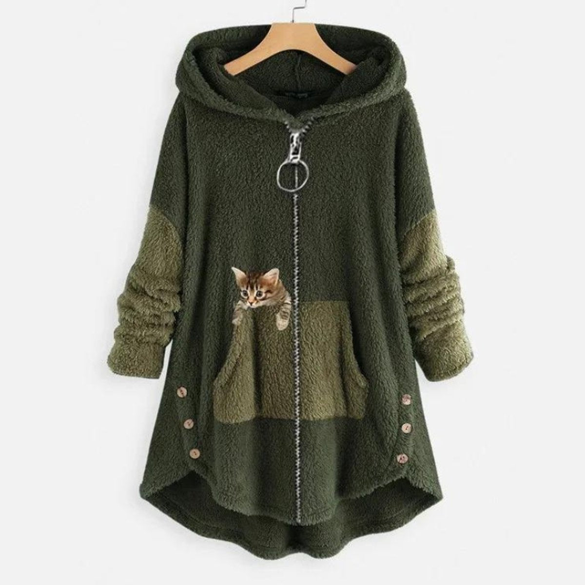 Women’s Fleece Zip-Up Hooded Jumper with Cat Pocket Green