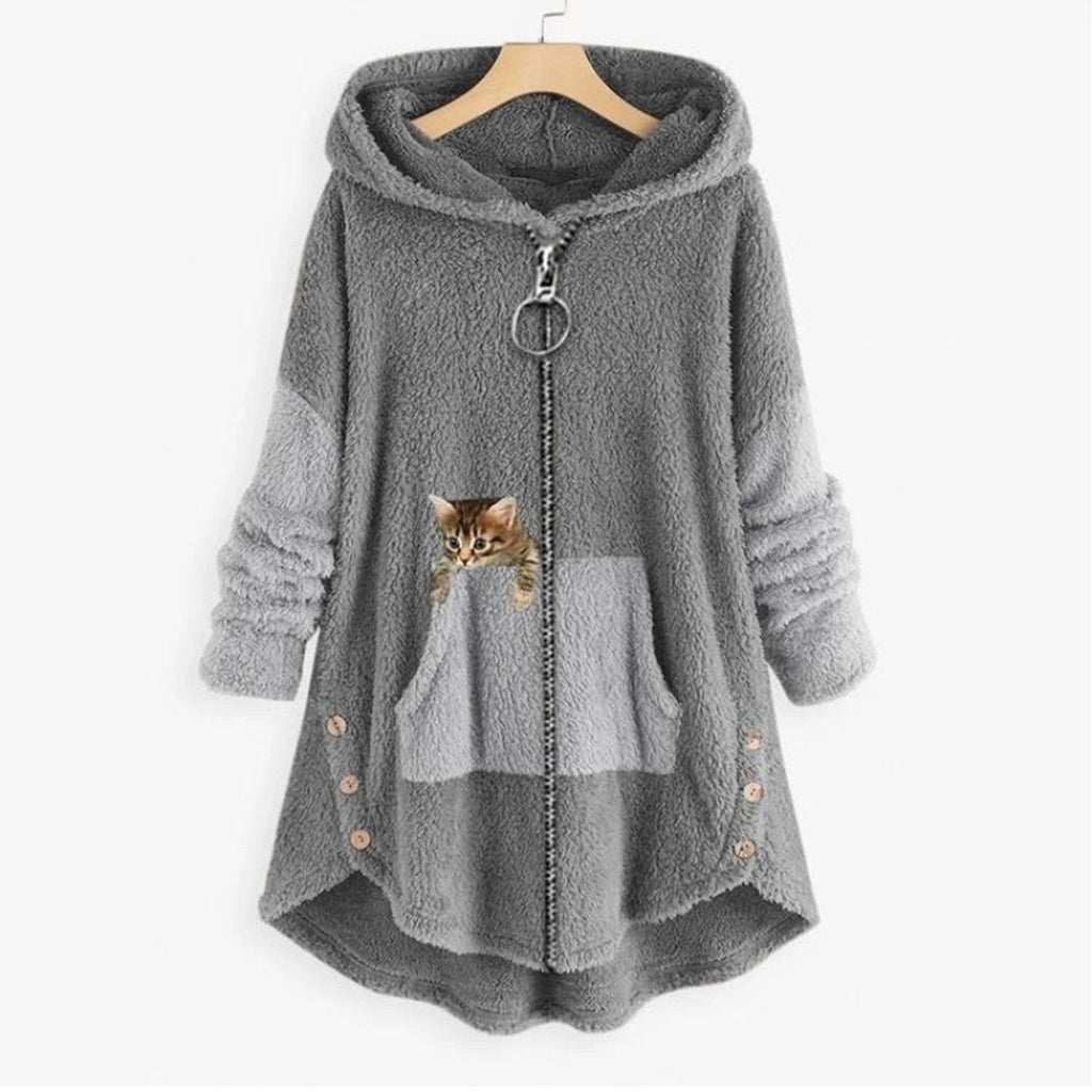 Women’s Fleece Zip-Up Hooded Jumper with Cat Pocket Grey