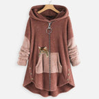 Women’s Fleece Zip-Up Hooded Jumper with Cat Pocket Pink