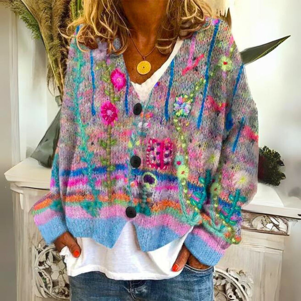 Women’s Floral Embroidered Button-Front Knitted Cardigan Blue