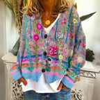 Women’s Floral Embroidered Button-Front Knitted Cardigan Blue