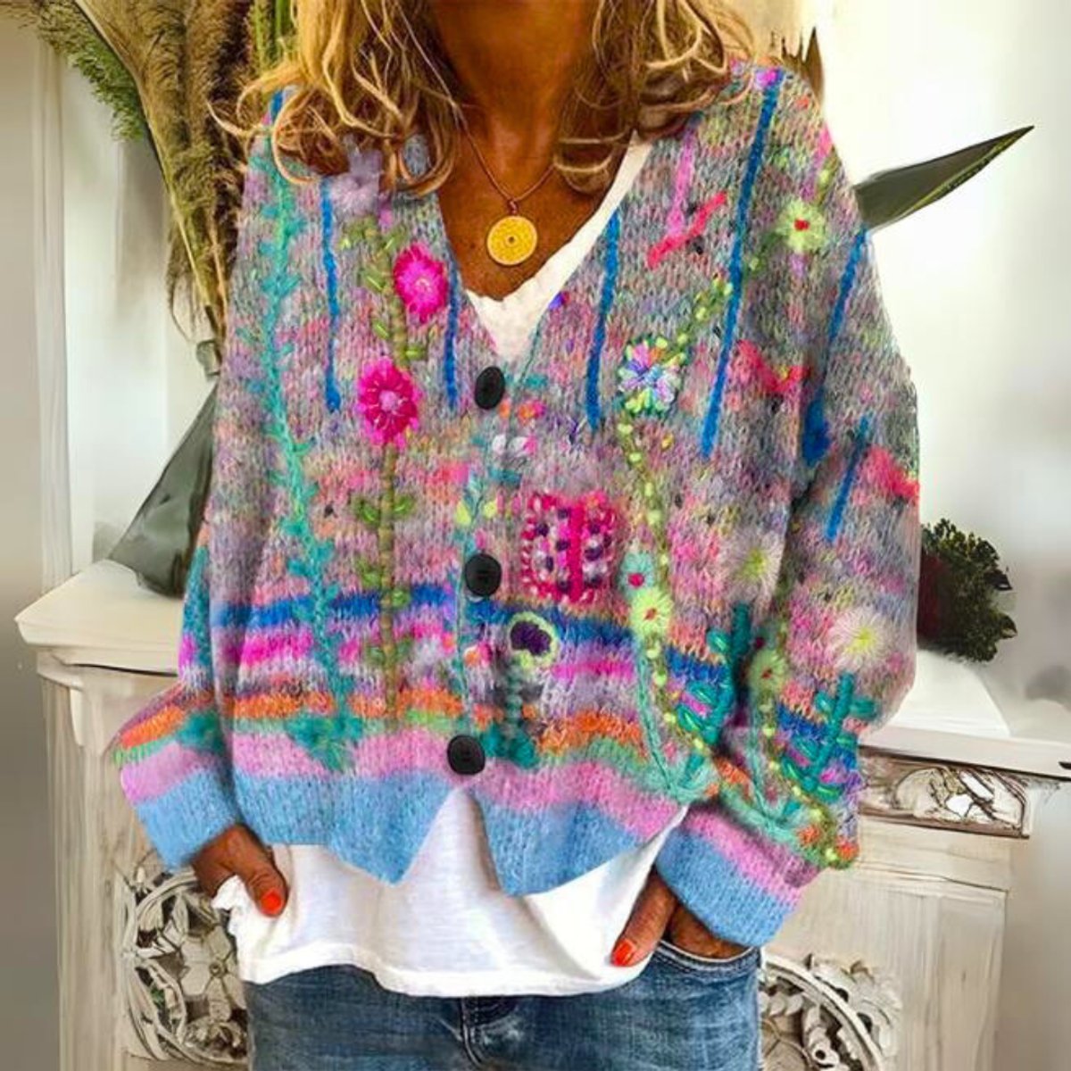 Women’s Floral Embroidered Button-Front Knitted Cardigan Blue