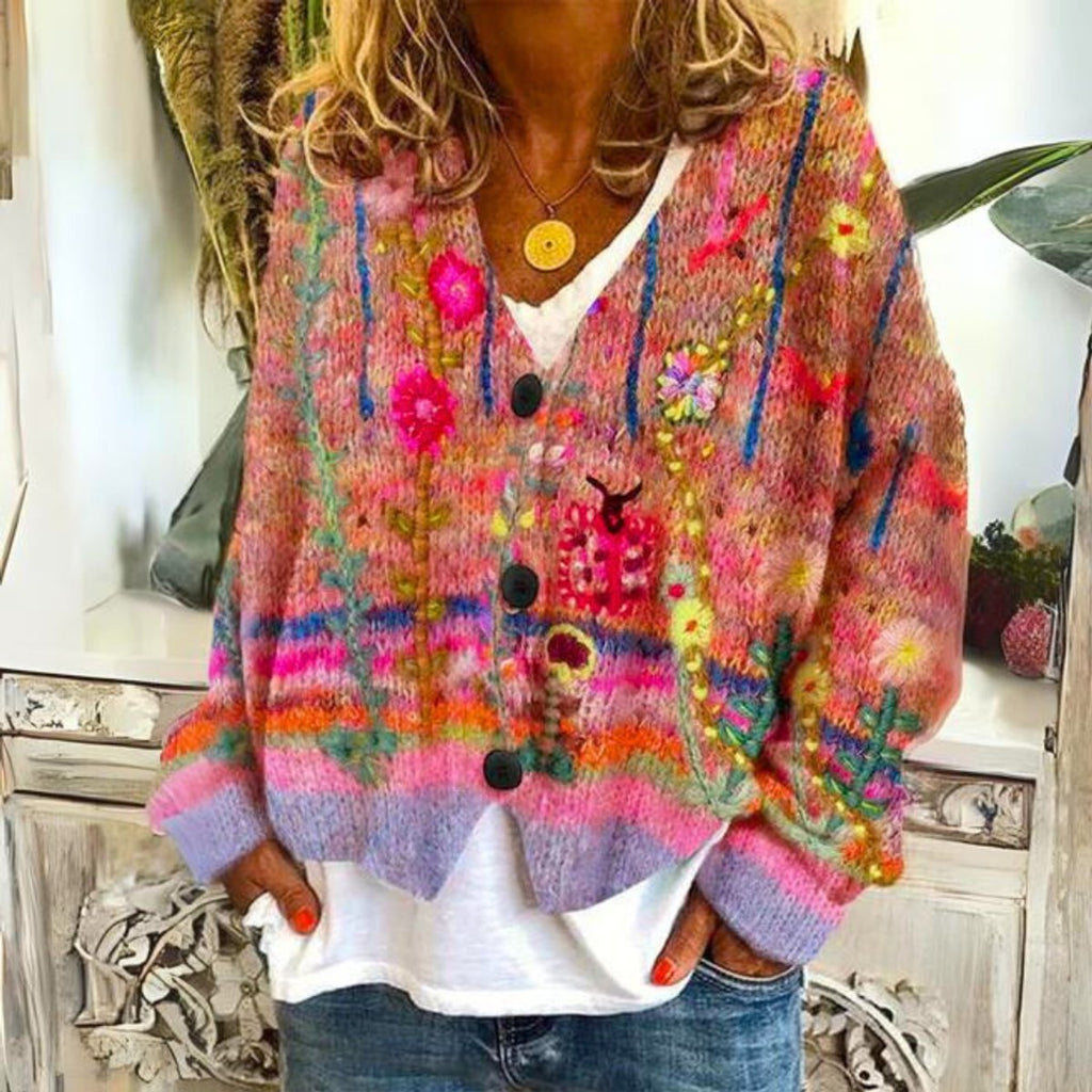 Women’s Floral Embroidered Button-Front Knitted Cardigan Red