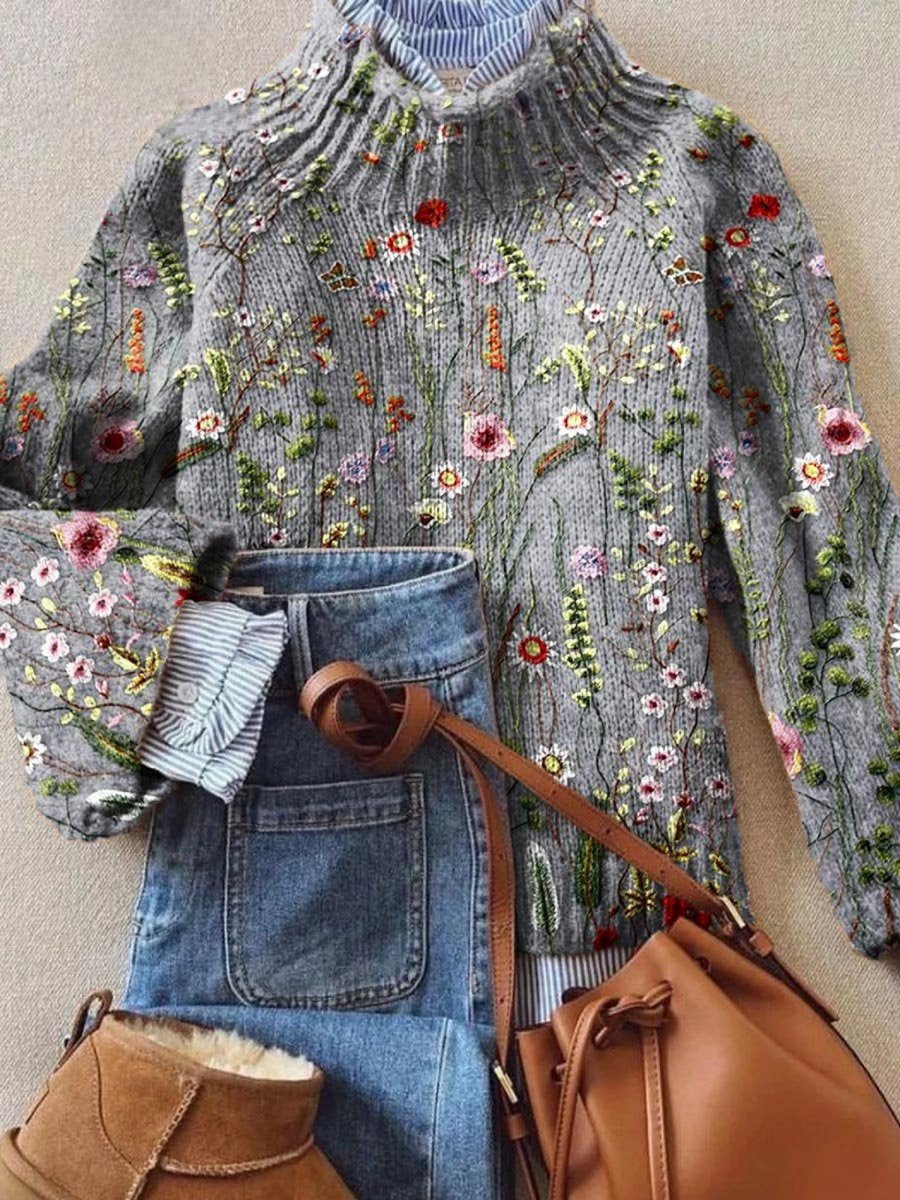 Women’s Floral Embroidered Turtleneck Jumper Multicolour