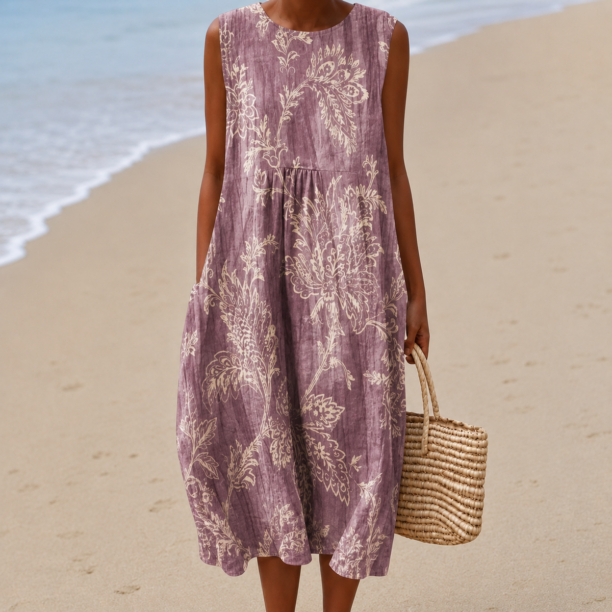 Women’s Tummy-Flattering Floral Midi Dress Mauve