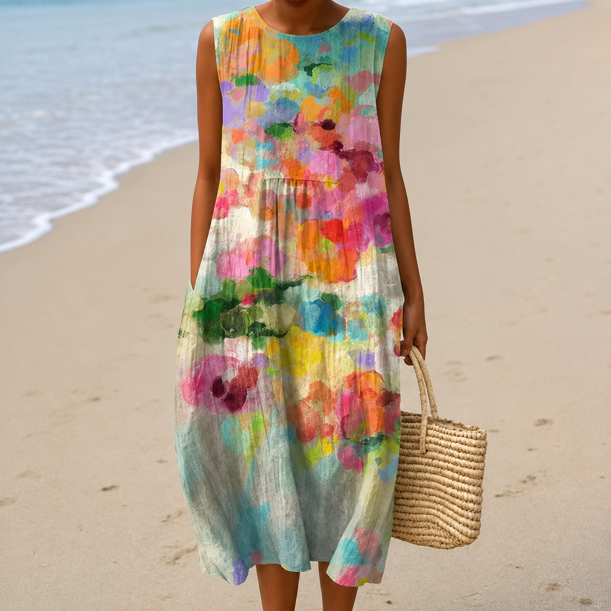 Women’s Tummy-Flattering Floral Midi Dress Multicolour