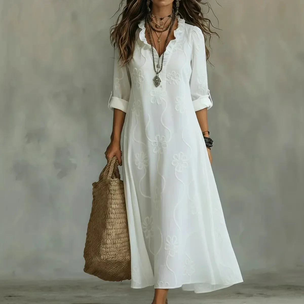 Women’s Tummy-Flattering Floral Summer Dress White