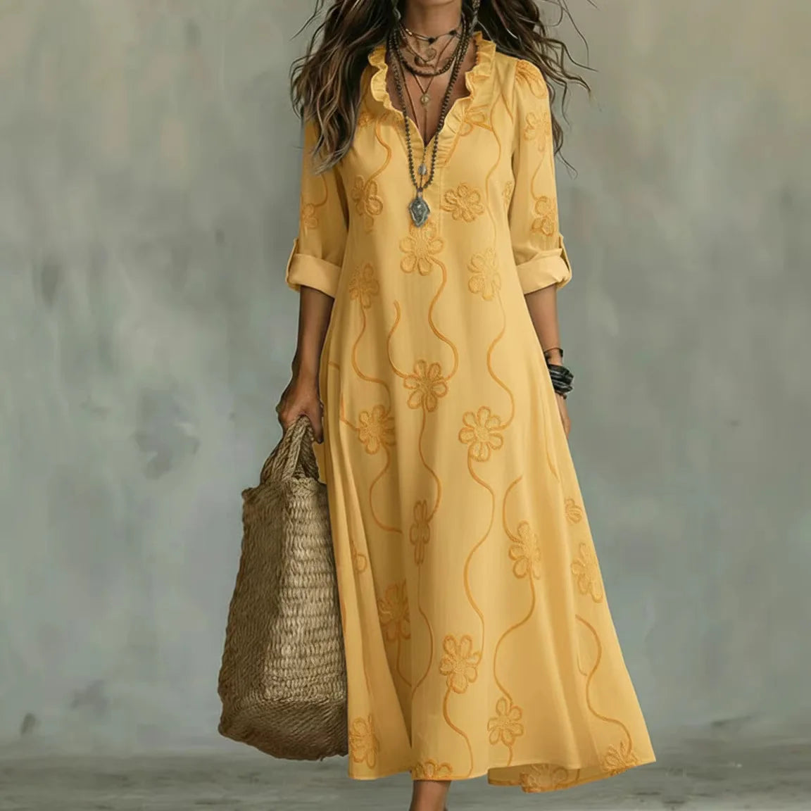 Women’s Tummy-Flattering Floral Summer Dress Yellow