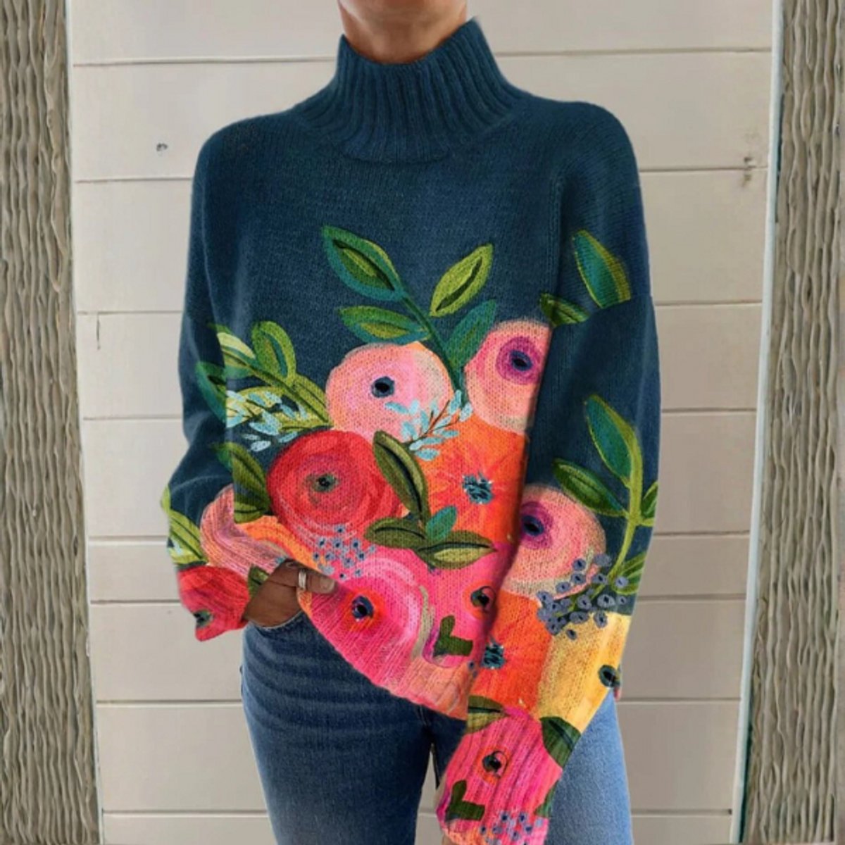 Women’s Relaxed Fit Floral Knit Turtleneck Jumper Multicolour