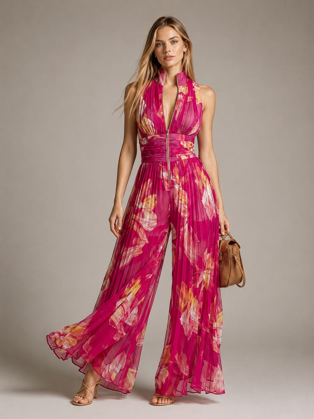 Women’s Elegant Wide-Leg Jumpsuit Rose Red