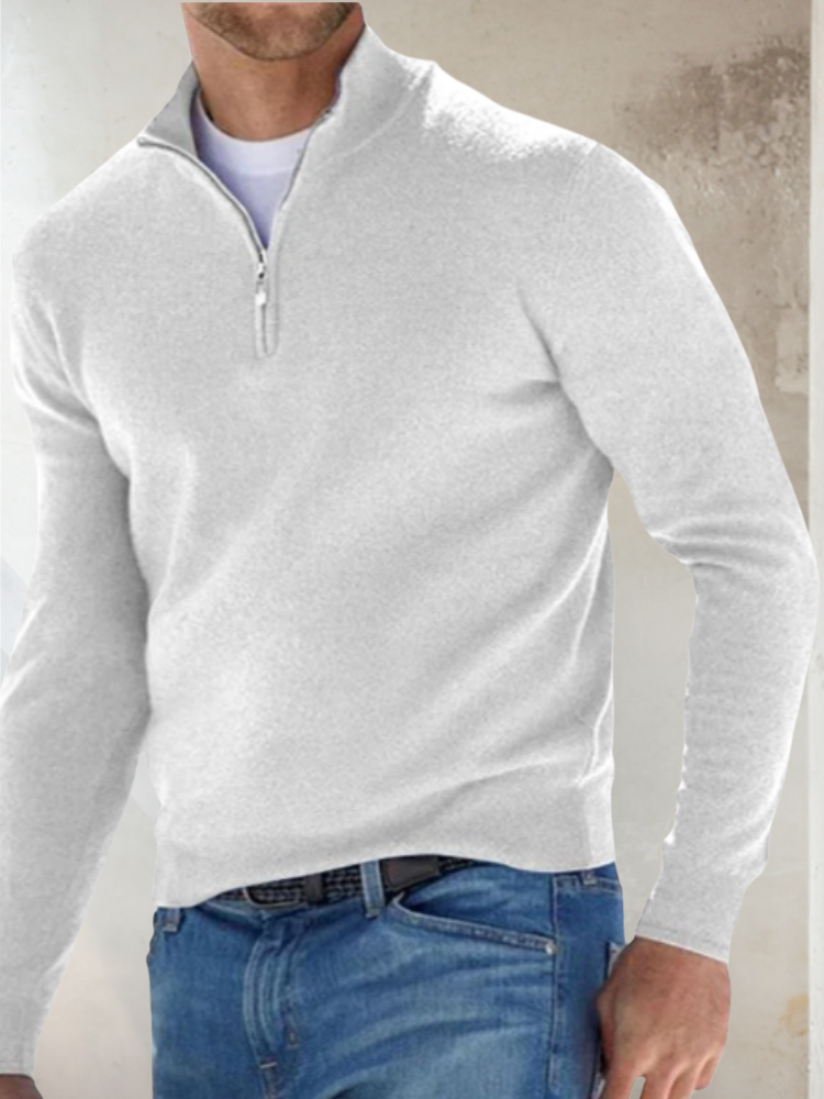 Men’s Zip-Up Jumper with Stand Collar White