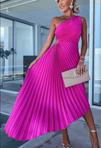 Women’s Elegant One Shoulder Pleated Maxi Dress Pink