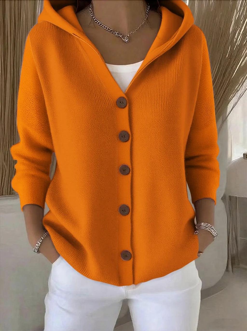 Women’s Relaxed Fit Hooded Button-Front Knit Cardigan Orange