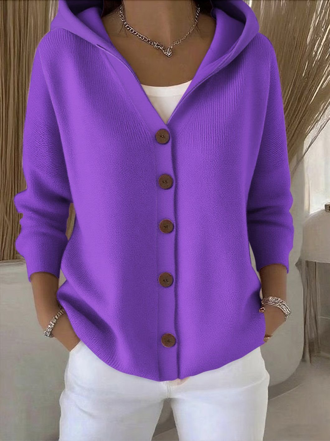 Women’s Relaxed Fit Hooded Button-Front Knit Cardigan Purple